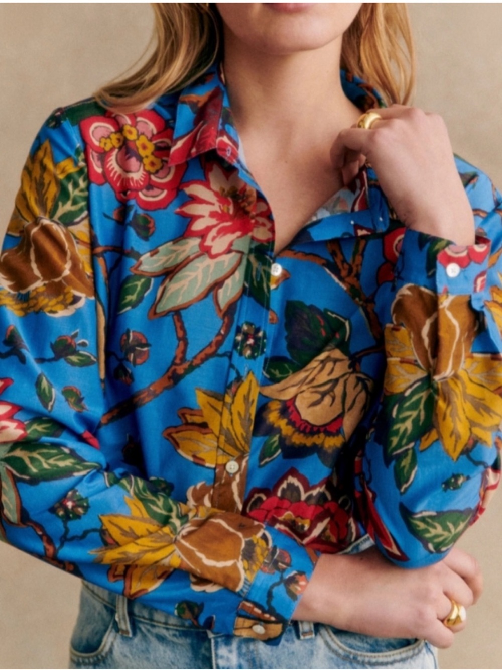 SEZANE NWT Blue Yellow Floral Lightweight Silk Cotton Button Down Pierro Shirt